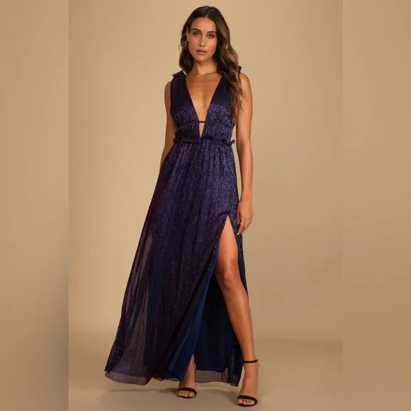 open lace back dress A Line V Neck Backless Navy Blue/Pink Long Prom Dresses, Backless Navy –  Shiny Party main image 0
